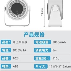iKristin 卓上扇風機 5段階風量調節 充電式扇風機 3000mAh 大容量 USB扇風機 強力風量 110°角度調節 LEDディスプレイ付き 壁掛け 屋外/オフィス/家庭/学校/キッチン/部屋用 (ホワイト)の画像