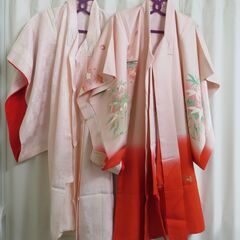 子ども用 女児用 着物 ＆ 長襦袢 セット 赤系 鶴と梅柄 七五三 身丈98cm の画像