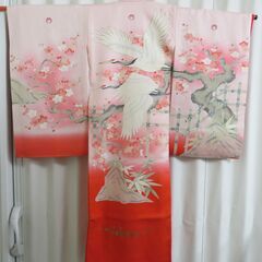 子ども用 女児用 着物 ＆ 長襦袢 セット 赤系 鶴と梅柄 七五三 身丈98cm の画像