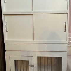 WHITE LIV 幅90キャビネット ホワイトフレンチシャビー収納付きスライド型ケージ ペットケージと上置き2つ の画像