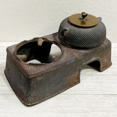 銅蓋茶釜付/銅壺/火鉢道具/無銘/あられ切合釜/酒燗器/古道具/燗銅壺/茶道具/レトロ/ビンテージ/アンティーク/E0ES0117の画像