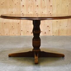 ≪zyt2349ジ≫ 飛騨産業 穂高 ダイニングテーブル 丸形天板×1本脚 現状品 直径120cm/幅120cm カバ材 丸型/円形/オールドキツツキ/中古家具/宮城県仙台市 70716-11の画像