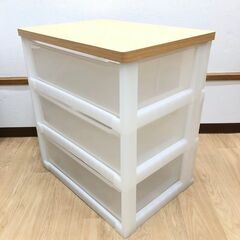 ss7666　プラチェスト 3段 ホワイト 幅55cm ウッドトップ 木製天板 プラスチックチェスト 白×ナチュラル 収納ケース プラケース 箪笥 チェスト ボックス 衣装 衣類 引き出し 引出 収納 ウッドトッププラチェスト 中古の画像