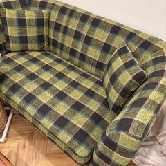 NOCE【2人掛けソファ】グリーン×ブラックチェック柄／クッション2個付きの画像