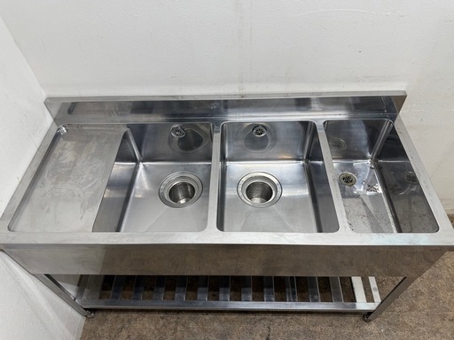 ステンレス　業務用　3層シンク流し台　厨房　飲食店　W１４００ｘD６００ｘH８００ｍｍ