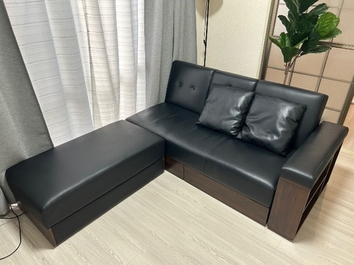 収納付き3人掛けソファ＋スツールセット 美品✨レザークッション付き／引取限定