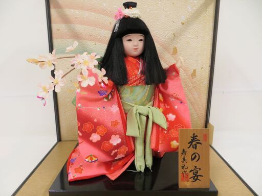 【美品】日本人形　ガラスケース付き 置物 ガラスケース付き 寿美礼作 日本人形 市松人形 「春の宴