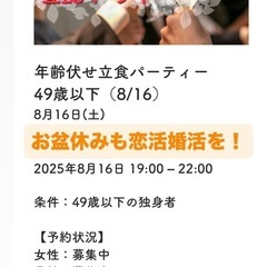 8/16 土曜 年齢伏せ立食パーティー 49歳以下