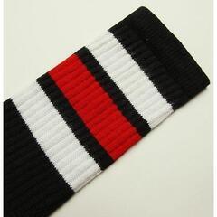 (3968) SkaterSocks (スケーターソックス) ロングソックス 靴下 男女兼用 ソックス チューブソックス Knee high Black tube socks with White-Red stripes style 1 (22インチ) スケボー SK8 Sの画像