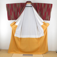 小紋 御召し 袷 矢羽根模様 エンジ色ｘ茶色 広衿 正絹 カジュアル着物 身丈163cm 【キモノオフ野々市若松店】の画像