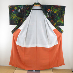 小紋 染め模様 草花模様 緑色ｘ黄色ｘ多色 袷 バチ衿 正絹 カジュアル着物 身丈154cm 【キモノオフ野々市若松店】の画像