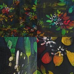 小紋 染め模様 草花模様 緑色ｘ黄色ｘ多色 袷 バチ衿 正絹 カジュアル着物 身丈154cm 【キモノオフ野々市若松店】の画像