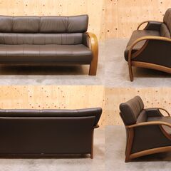 ≪zyb2355ジ≫karimoku/カリモク家具 3人掛けソファ WT3303M033 本革張り/合成皮革 ナラ/オーク WT33モデル 中古家具/宮城県仙台市 70620-18の画像