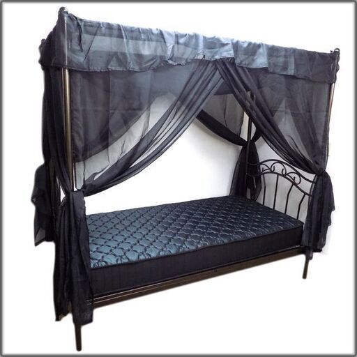 新札幌 天蓋付 プリンセスベッド ブラック マットレス付 姫ベッド シンデレラベッド シングル W99×D203×H34-196　No.3513