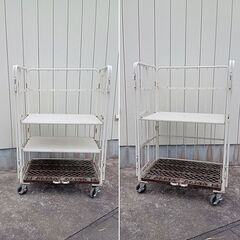 日本製 美品 俺のカゴ台車 アイボリー W1100×D800×H1700 観音扉&中間棚2枚付きかご台車/ロールボックス4台セット 4輪自在2輪ストッパー付 手渡し希望/自社配送可能（配送エリアについてお問い合わせください）の画像