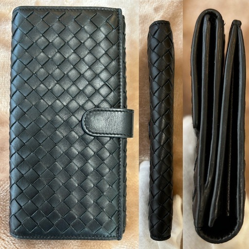 ボッテガヴェネタ牛革ロングウォレット二つ折り長財布さいふレザー黒色系サイフ小銭入れ有本革男性用ユニセックスメンズレディースブラック