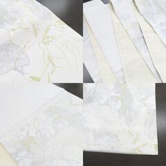 袋帯 振袖用  ホワイト×シルバー×ゴールド 花　六通柄 ポリエステル フォーマル 仕立て上がり 着物帯 モノトーン系 Freek 日本製 長さ460cm 新品 【キモノオフ野々市若松店】の画像