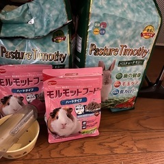 モルモット用牧草(段ボールx2. ビタミン2種、キャリーケース、ペレット
の画像