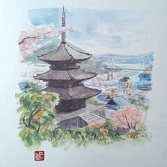 上野重治　水彩画　「海雲塔の春」　額装　尾道の画像