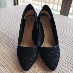 24cm　パンプス　ラメ＆レースパンプス　結婚式対応　ブラック　1度のみ使用の画像
