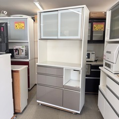 【美品‼️】定価89,990円♪ ニトリ 100cm幅キッチンボード(アルミナ2) 食器棚 収納家具 艶ありシルバー♪の画像