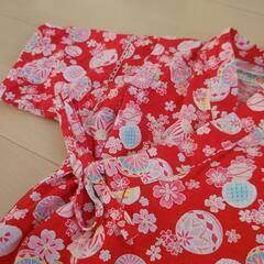 美品【90cm】子供 甚平 浴衣 女の子 赤 浴衣ドレス 花柄 毬 綿100%の画像