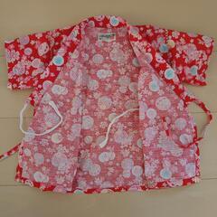 美品【90cm】子供 甚平 浴衣 女の子 赤 浴衣ドレス 花柄 毬 綿100%の画像