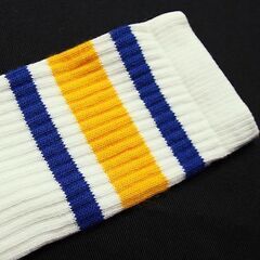 (3956) SkaterSocks ロングソックス 靴下 男女兼用 ソックス スケート スケボー チューブソックス Knee high White tube socks with Royal Blue-Gold stripes style 3 (22インチ) SKATEの画像