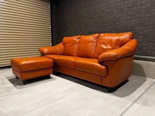 ※値引きしました【美品】本革3人掛けソファ　オットマン付き