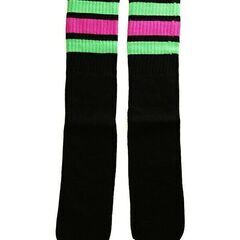 (4916) SkaterSocks ロングソックス 靴下 男女兼用 ソックス スケボー チューブソックス Knee high Black tube socks with Neon Green-Hot Pink stripes style 1 (22インチ) SKATE Sの画像