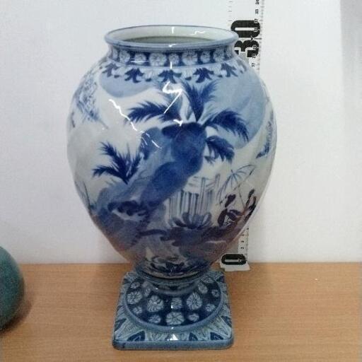 染付南海物語高台花瓶　龍峰窯 0726-275 染付南海物語高台花瓶 龍峰窯