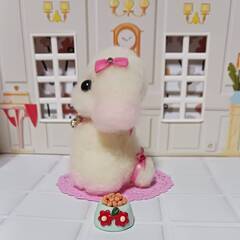 羊毛フェルト　ピンクリボンが似合うピンク染めマルチーズの画像