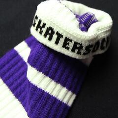 (3949) SkaterSocks ロングソックス 靴下 男女兼用 ソックス スケボー チューブソックス Knee high White tube socks with Purple stripes style 1 22Inch 22インチ SKATE SK8の画像