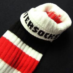 (3954) SkaterSocks (スケーターソックス) ロングソックス 靴下 男女兼用 ソックス チューブソックス Knee high White tube socks with Red-Black stripes style 1 (22インチ) スケボー SK8 Sの画像