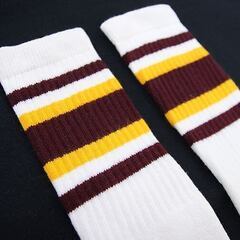 (6259) SkaterSocks ロングソックス 靴下 男女兼用 ソックス スケート スケボー チューブソックス Knee high White tube socks with Maroon-Gold stripes style 4 (22Inch 22インチ) SKAの画像