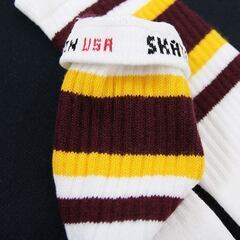 (6259) SkaterSocks ロングソックス 靴下 男女兼用 ソックス スケート スケボー チューブソックス Knee high White tube socks with Maroon-Gold stripes style 4 (22Inch 22インチ) SKAの画像