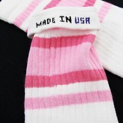 (6250-25-B) SkaterSocks (スケーターソックス) ロングソックス 靴下 男女兼用 ソックス Knee high White tube socks with Baby Pink-BubbleGum Pink stripes style 4 (25インチ)  (B)の画像