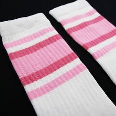 (6250-25-B) SkaterSocks (スケーターソックス) ロングソックス 靴下 男女兼用 ソックス Knee high White tube socks with Baby Pink-BubbleGum Pink stripes style 4 (25インチ)  (B)の画像