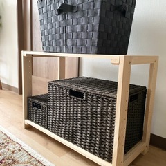  ☆木製パインラック 蓋付き収納ボックス3個付 シェルフ 棚☆の画像