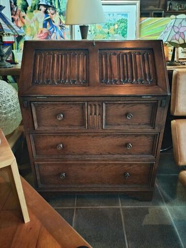 英国アンティーク ライティングビューローチェスト 鍵付き
