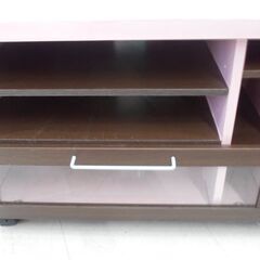 現状品 テレビボード 幅90x奥行39x高さ47cm キャスター付き ピンク×ダークブラウン リメイク品 テレビ台 TV台 苫小牧西店の画像