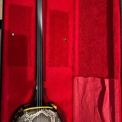 【美品】蛇本革張り沖縄三線　Okinawa Sanshin 黒漆本格モデルセット ハードケース付きの画像
