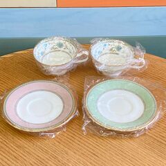店頭引き渡し 未使用 Noritake YOSHINO ノリタケ ヨシノ ティーカップ ソーサー 2客セット グリーン ピンクの画像