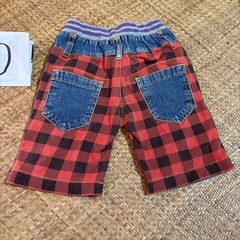 90 デニム　チェック　ハーフパンツ　ワッペンの画像
