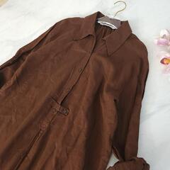 ZARA リネン60%ロングワンピース シャツワンピース ブラウン Lサイズの画像