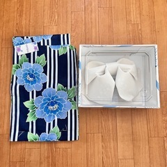 新品、浴衣と帯のセット 花柄 青白紺色縞模様の画像