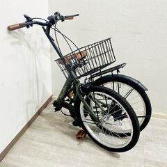 【商談中】【美品・使用少ない】AIJYU/20インチ/折りたたみ自転車/THREE STONE/グリーン/シマノ6段変速/前かご・ライト・ダイヤル錠・取扱説明書付き/E1ES1001の画像