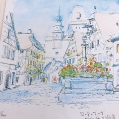 鈴木新 ローテンブルグ ロマンチック街道 絵画 風景画 額装 37cm×37cm 模写の画像