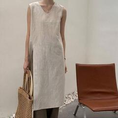 シャーア麻スリットワンピース ノースリーム シンプルVネック ベストドレス 膝丈ワンピース シャツワンピース レディース リネンワンピースの画像