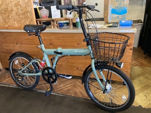 【SALE！７月末まで防犯登録無料！】PROGEAR サスペンション付き　 LEDオートライト　6段変速　20インチ折りたたみ自転車　モスグリーン